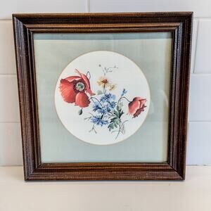 Vintage Wooden Framed Botanical Red Poppy & Wildflower Print w/ Matte, 9.5"